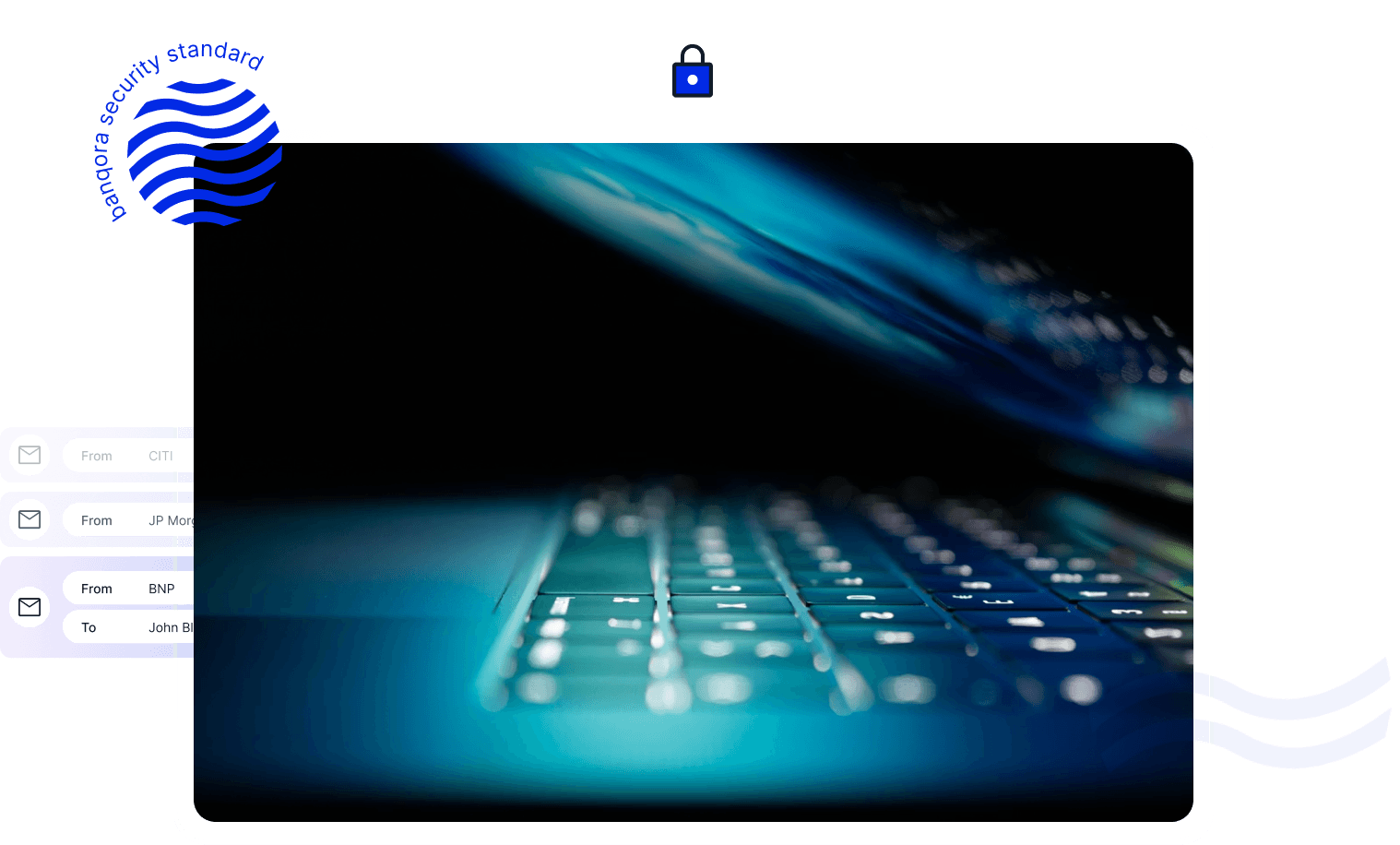 Secure laptop displaying financial data with security badges